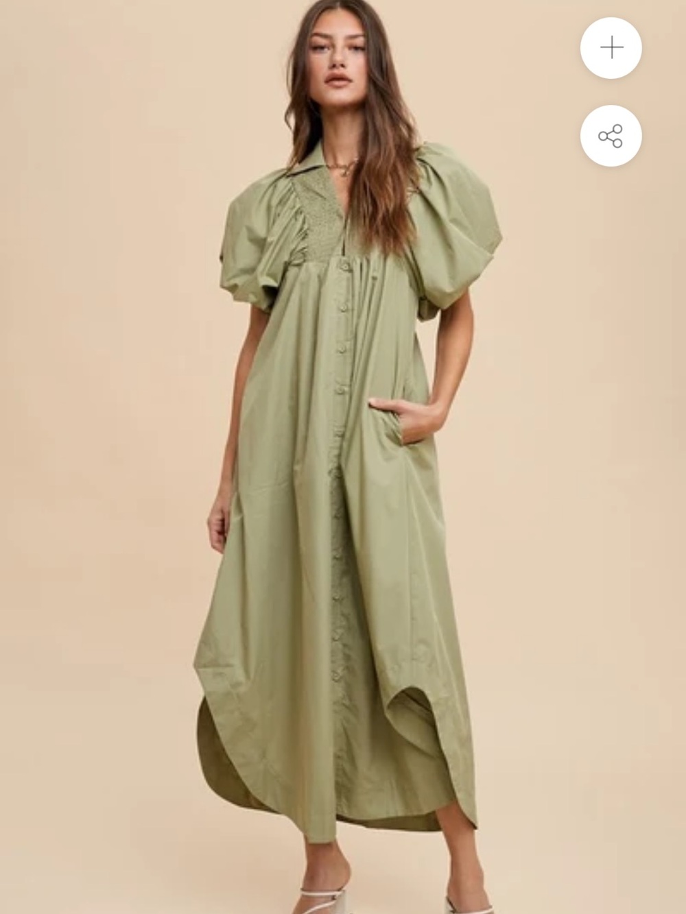316. Anniewear green puff sleeve button front shirt midi dress